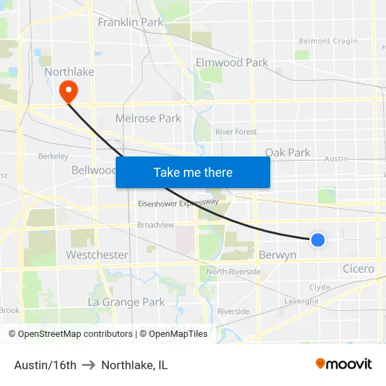 Austin/16th to Northlake, IL map