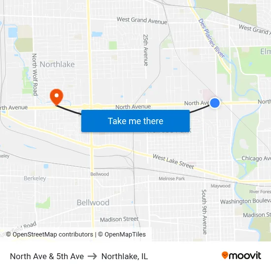 North Ave & 5th Ave to Northlake, IL map