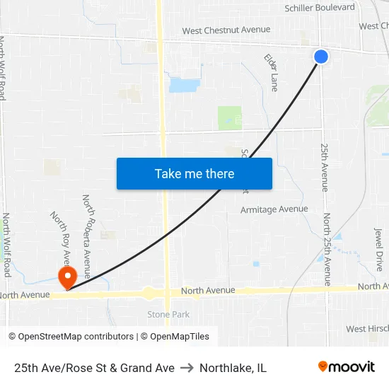 25th Ave/Rose St & Grand Ave to Northlake, IL map
