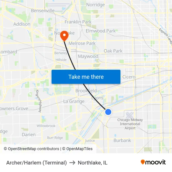 Archer/Harlem (Terminal) to Northlake, IL map