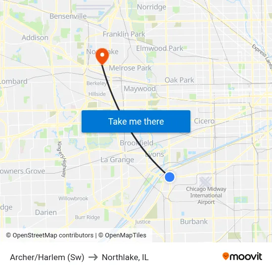 Archer/Harlem (Sw) to Northlake, IL map