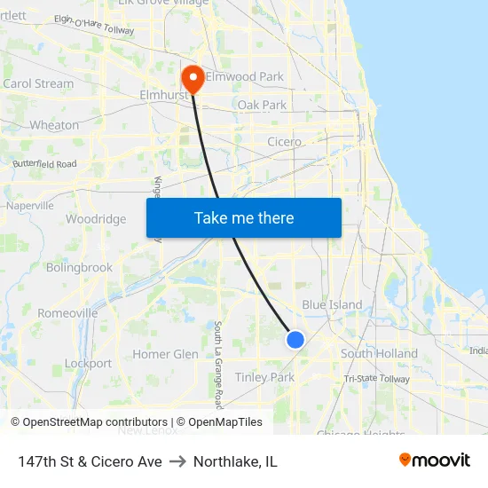 147th St & Cicero Ave to Northlake, IL map