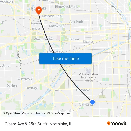 Cicero Ave & 95th St to Northlake, IL map