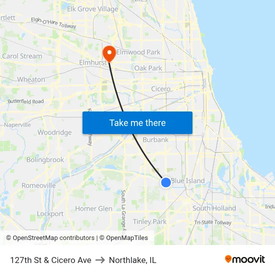 127th St & Cicero Ave to Northlake, IL map