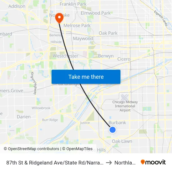 87th St & Ridgeland Ave/State Rd/Narragansett Ave to Northlake, IL map