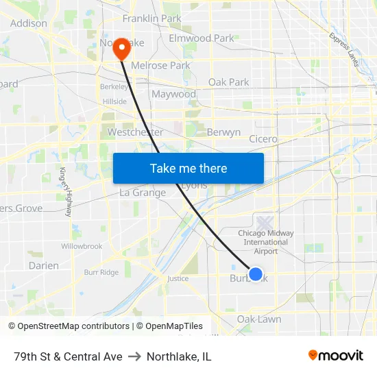 79th St & Central Ave to Northlake, IL map