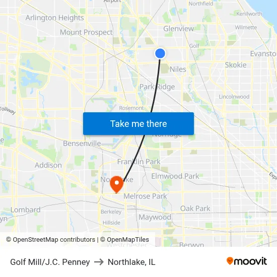 Golf Mill/J.C. Penney to Northlake, IL map