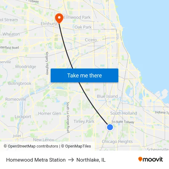 Homewood Metra Station to Northlake, IL map