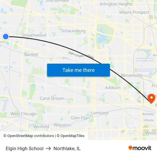 Elgin High School to Northlake, IL map