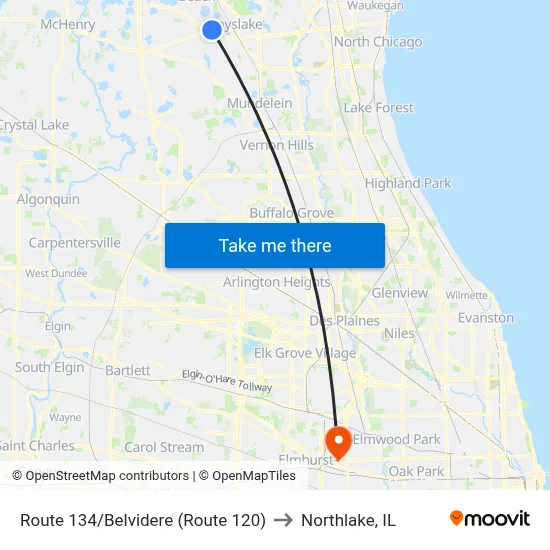 Route 134/Belvidere (Route 120) to Northlake, IL map