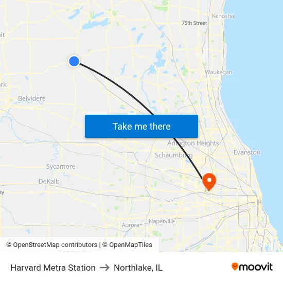 Harvard Metra Station to Northlake, IL map