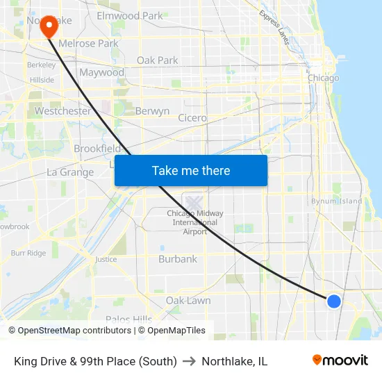 King Drive & 99th Place (South) to Northlake, IL map