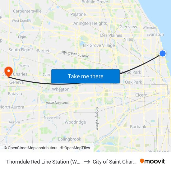 Thorndale Red Line Station (West) to City of Saint Charles map