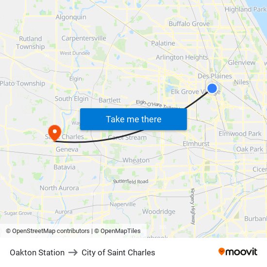 Oakton Station to City of Saint Charles map