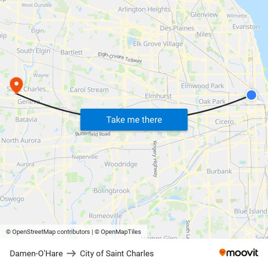 Damen-O'Hare to City of Saint Charles map