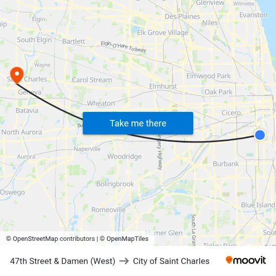 47th Street & Damen (West) to City of Saint Charles map