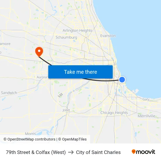 79th Street & Colfax (West) to City of Saint Charles map