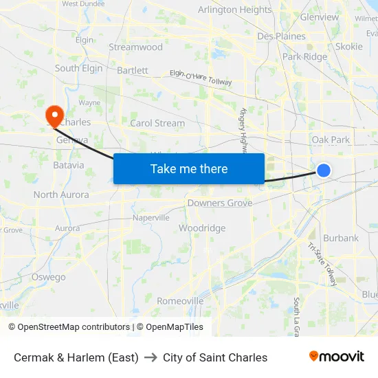 Cermak & Harlem (East) to City of Saint Charles map