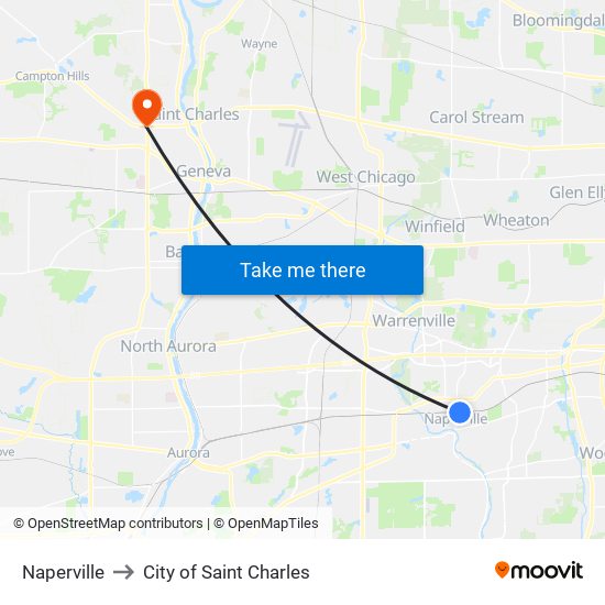 Naperville to City of Saint Charles map