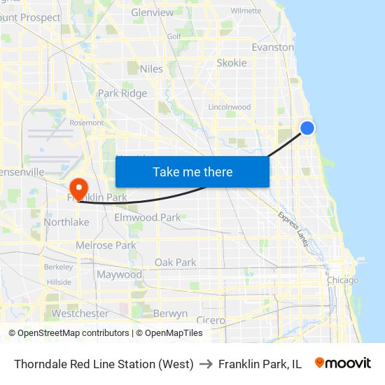 Thorndale Red Line Station (West) to Franklin Park, IL map