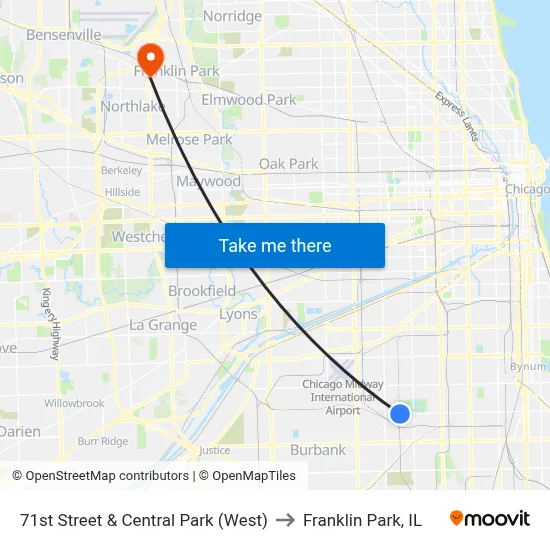 71st Street & Central Park (West) to Franklin Park, IL map