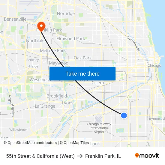 55th Street & California (West) to Franklin Park, IL map
