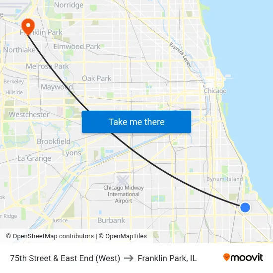 75th Street & East End (West) to Franklin Park, IL map