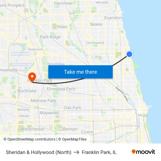 Sheridan & Hollywood (North) to Franklin Park, IL map