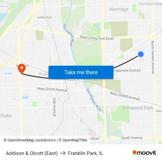 Addison & Olcott (East) to Franklin Park, IL map