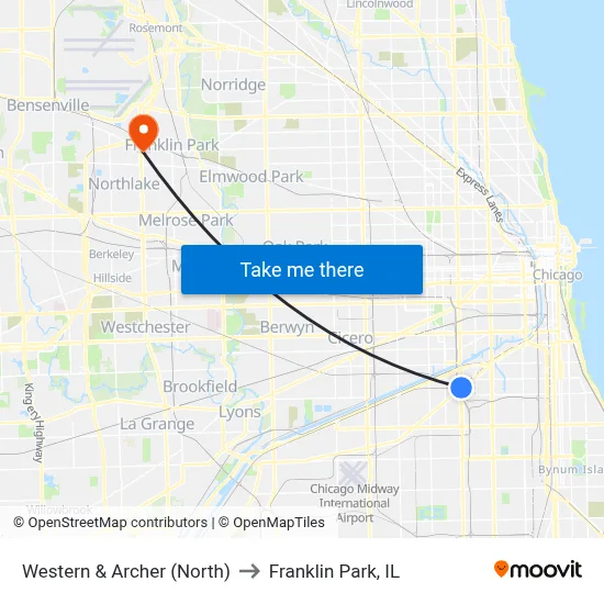 Western & Archer (North) to Franklin Park, IL map