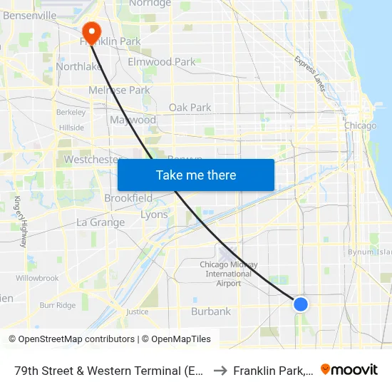 79th Street & Western Terminal (East) to Franklin Park, IL map
