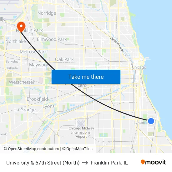 University & 57th Street (North) to Franklin Park, IL map
