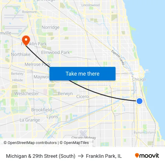 Michigan & 29th Street (South) to Franklin Park, IL map