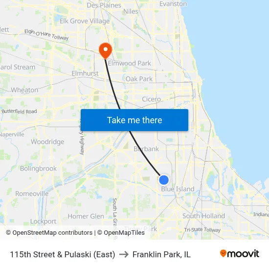 115th Street & Pulaski (East) to Franklin Park, IL map