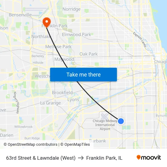 63rd Street & Lawndale (West) to Franklin Park, IL map