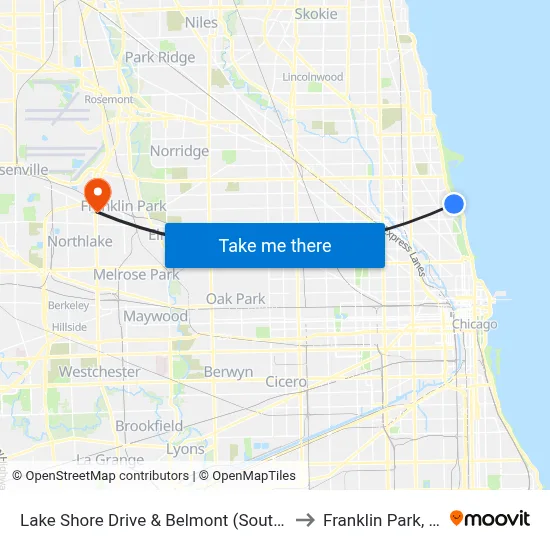 Lake Shore Drive & Belmont (South) to Franklin Park, IL map