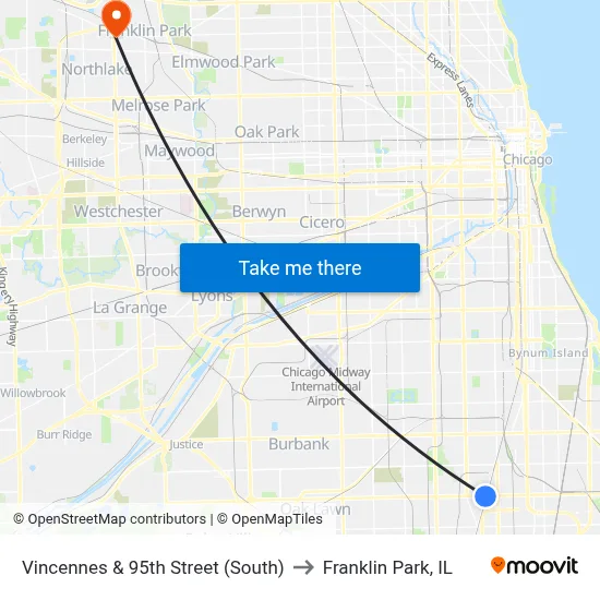 Vincennes & 95th Street (South) to Franklin Park, IL map