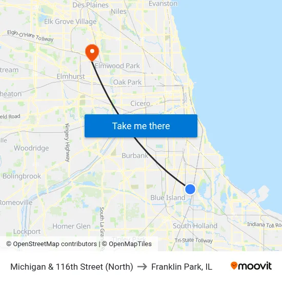Michigan & 116th Street (North) to Franklin Park, IL map