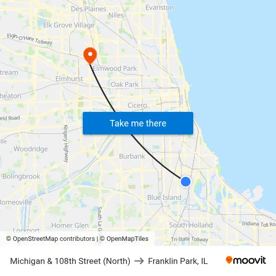 Michigan & 108th Street (North) to Franklin Park, IL map