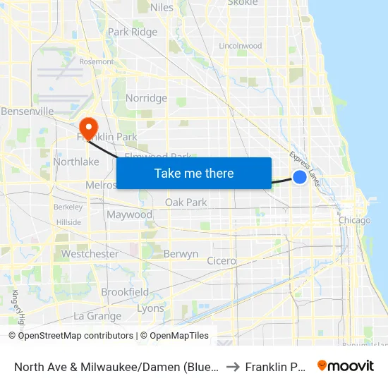 North Ave & Milwaukee/Damen (Blue Line) (East) to Franklin Park, IL map