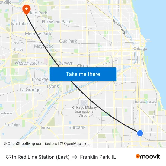 87th Red Line Station (East) to Franklin Park, IL map