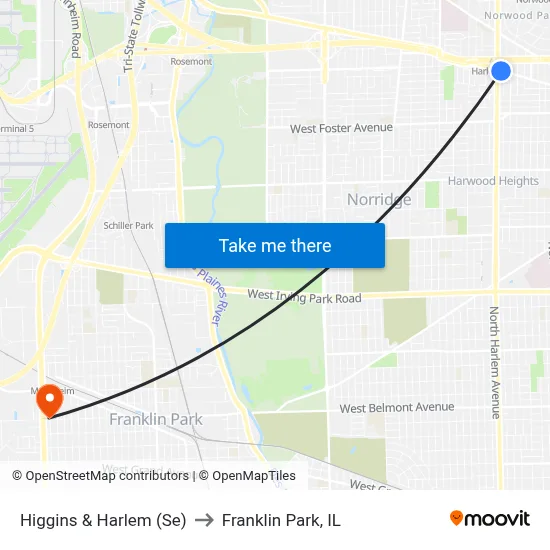 Higgins & Harlem (Se) to Franklin Park, IL map