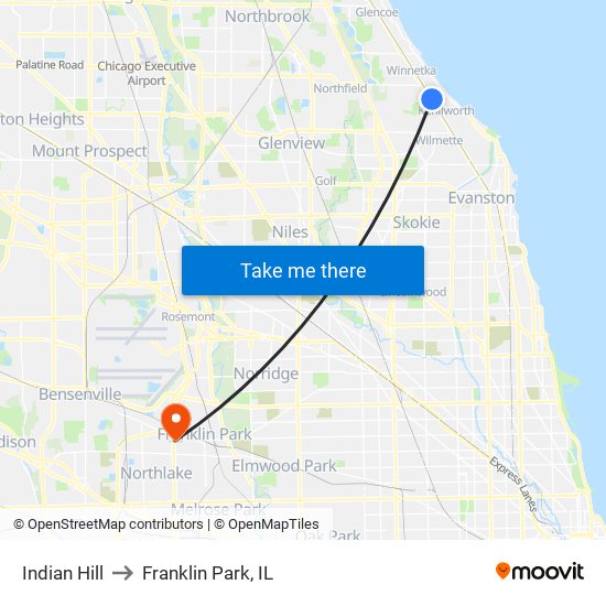 Indian Hill to Franklin Park, IL map