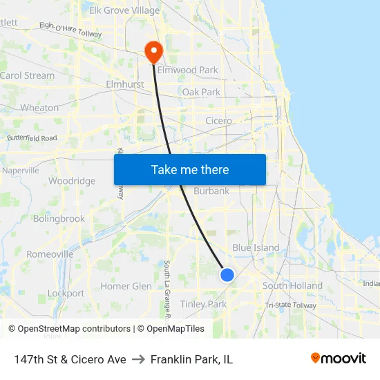 147th St & Cicero Ave to Franklin Park, IL map