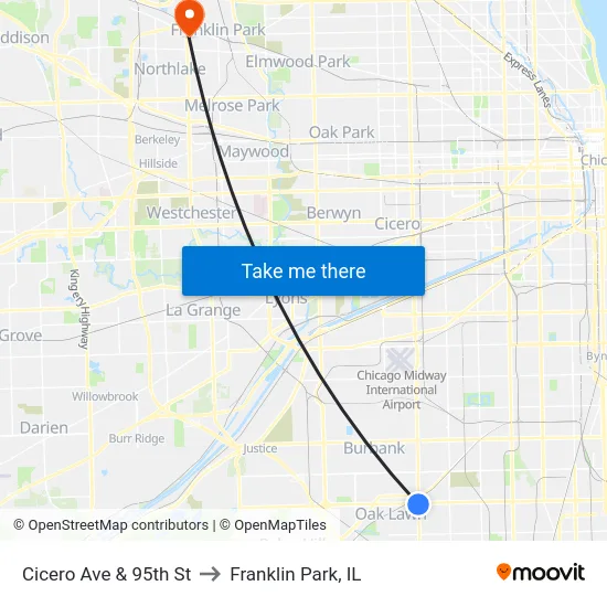 Cicero Ave & 95th St to Franklin Park, IL map
