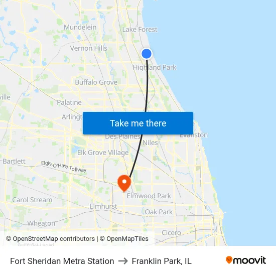 Fort Sheridan Metra Station to Franklin Park, IL map