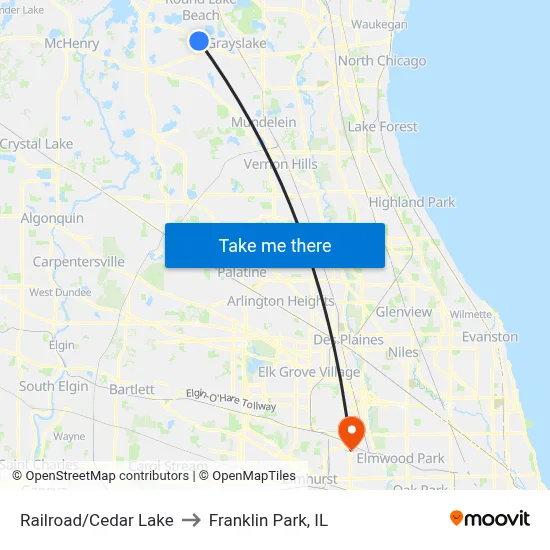 Railroad/Cedar Lake to Franklin Park, IL map