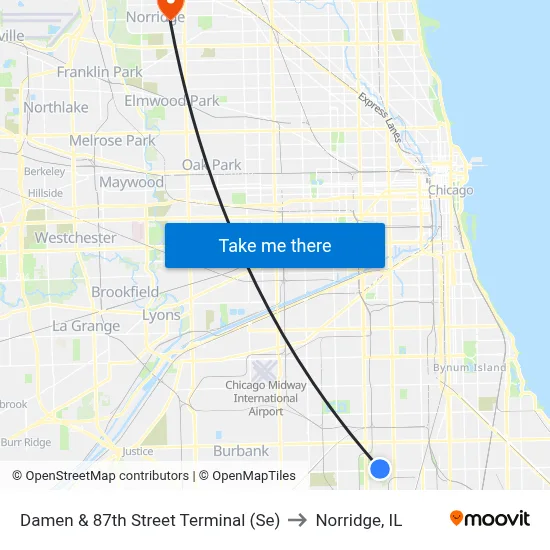 Damen & 87th Street Terminal (Se) to Norridge, IL map