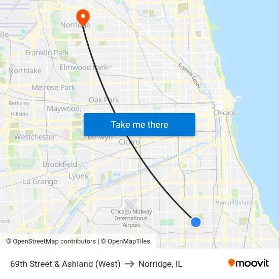 69th Street & Ashland (West) to Norridge, IL map