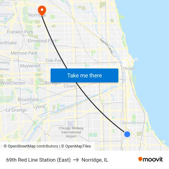 69th Red Line Station (East) to Norridge, IL map